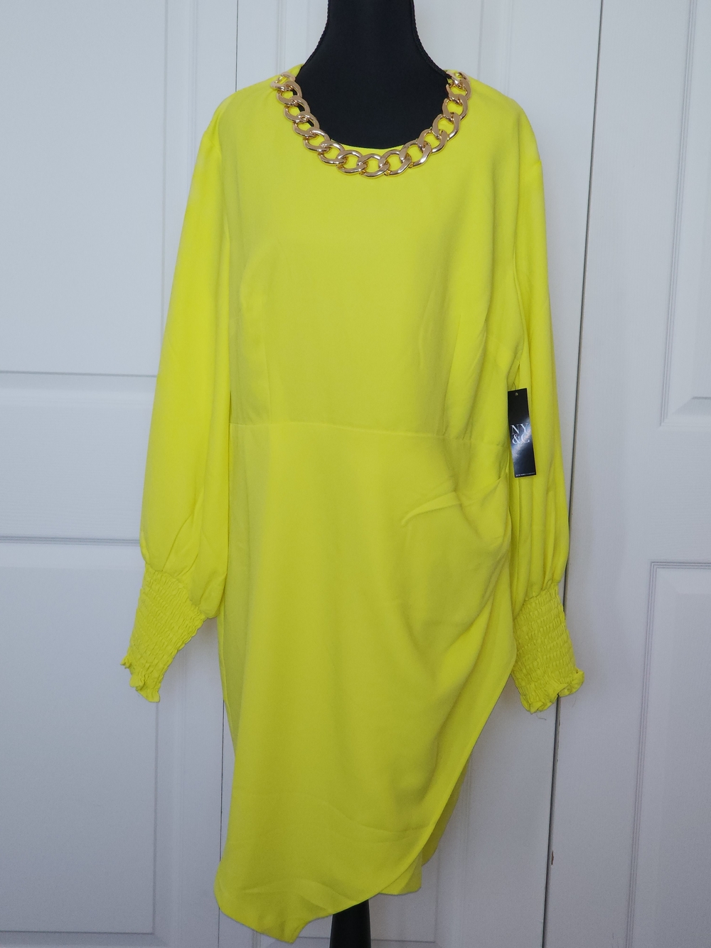 New York & Company Neon Yellow Long Sleeve Dress with Chain Trim